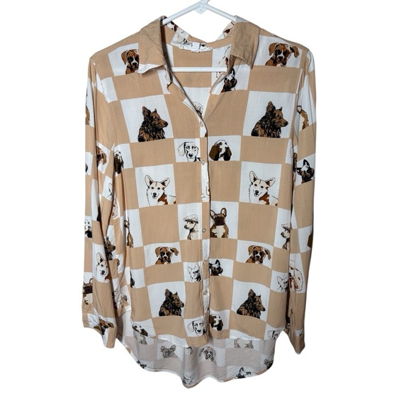 Jane and Delancey Tops - Women's JANE + DELANCEY Dog Print Button Blouse Corgi, Frenchie White Tan S